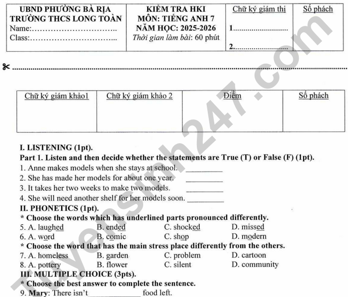 Đề thi HK1 lớp 7 môn Anh 2025 - THCS Long Toàn