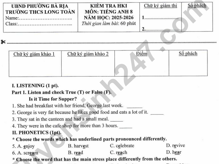 Đề thi cuối kì 1 Anh lớp 8 THCS Long Toàn 2025