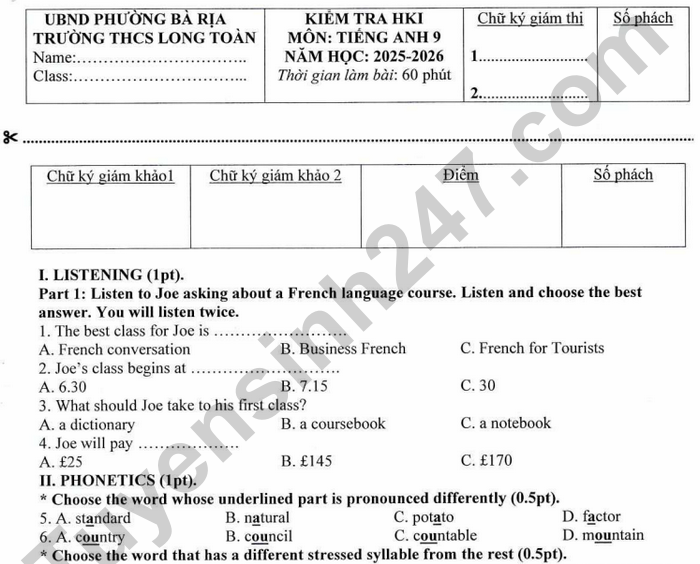 Đề thi học kì 1 lớp 9 môn Anh 2025 - THCS Long Toàn