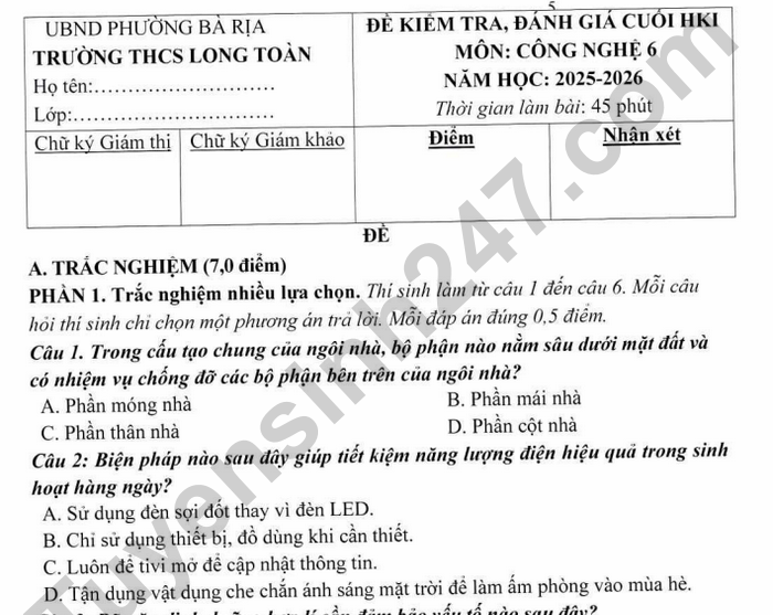 Đề thi học kì 1 lớp 6 môn Công nghệ 2025 - THCS Long Toàn