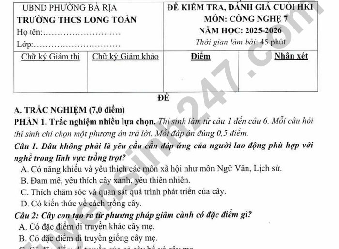 Đề thi kì 1 môn Công nghệ 7 THCS Long Toàn 2025