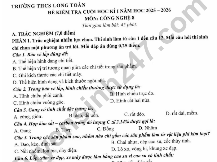 Đề thi cuối kì 1 lớp 8 môn Công nghệ 2025 - THCS Long Toàn
