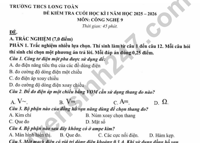 Đề thi học kì 1 năm 2025 Công nghệ 9 - THCS Long Toàn