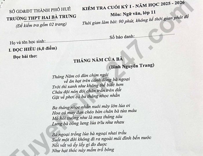 Đề thi học kì 1 lớp 11 môn Văn 2025 - THPT Hai Bà Trưng