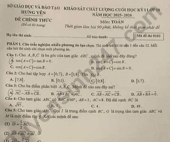 Đề thi học kì 1 Toán lớp 10 Sở GDĐT Hưng Yên 2025