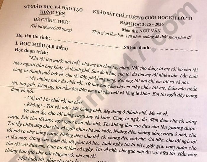 Đề thi cuối kì 1 Văn lớp 11 Sở GDĐT Hưng Yên 2025