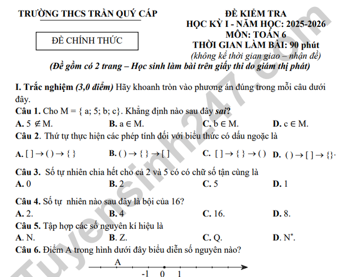 Đề thi kì 1 năm 2025 THCS Trần Quý Cáp - lớp 6 môn Toán (Có đáp án)
