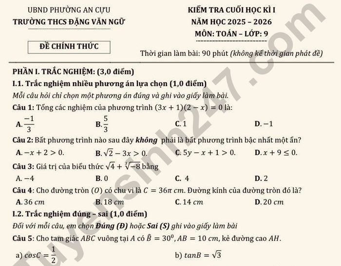 Đề thi học kì 1 môn Toán lớp 9 THCS Đặng Văn Ngữ 2025