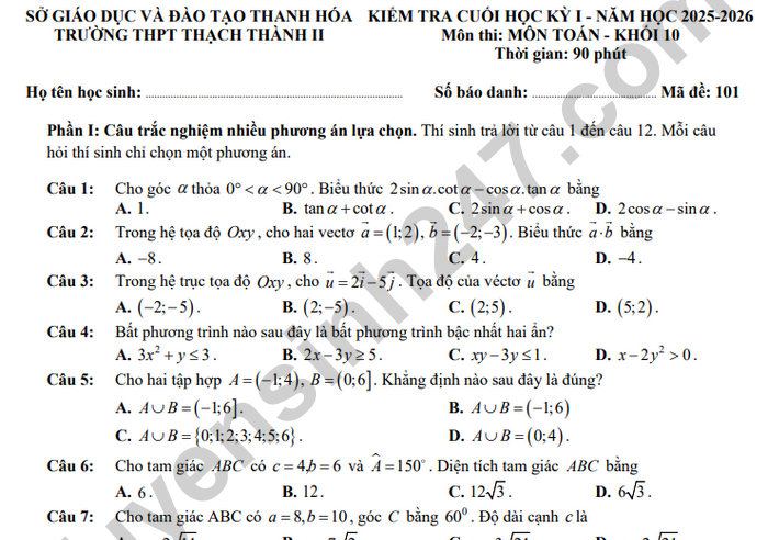 Đề thi học kì 1 Toán 10 THPT Thạch Thành 2 năm 2025