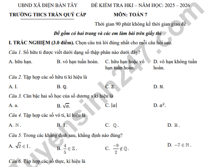 Đề thi học kì 1 Toán lớp 7 THCS Trần Quý Cáp 2025