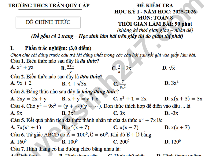 Đề thi học kì 1 lớp 8 môn Toán 2025 - THCS Trần Quý Cáp (có đáp án)