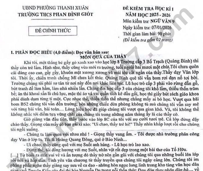 Đề thi học kì 1 lớp 9 môn Văn 2025 - THCS Phan Đình Giót