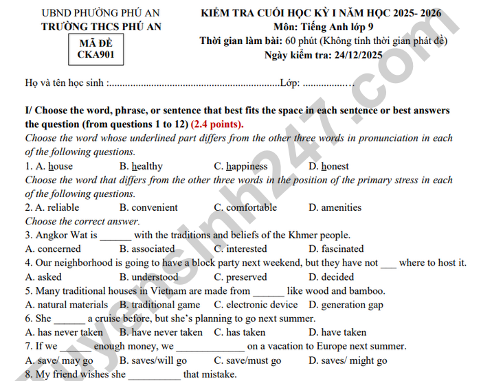 Đề thi học kì 1 năm 2025 THCS Phú An - môn Anh 9