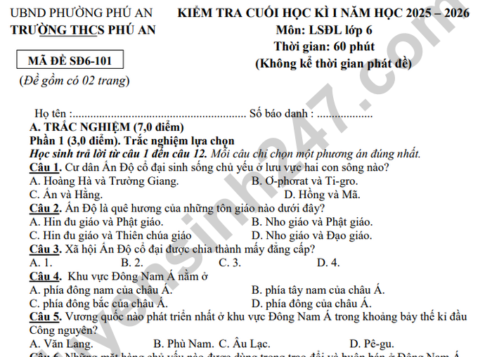 Đề thi học kì 1 lớp 6 môn Sử-Địa 2025 - THCS Phú An