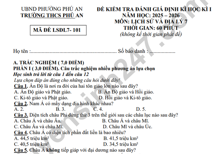 Đề thi học kì 1 môn Sử-Địa lớp 7 THCS Phú An 2025