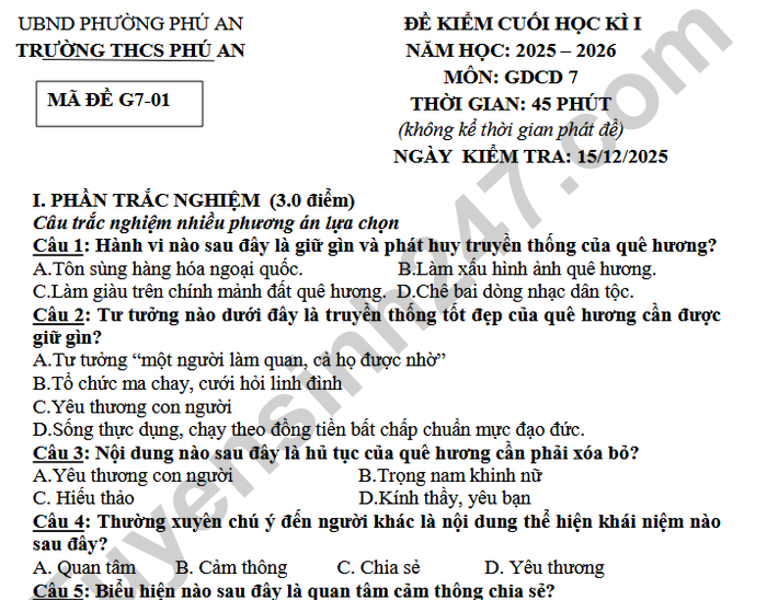 Đề thi học kì 1 môn GDCD lớp 7 THPT Phú An 2025