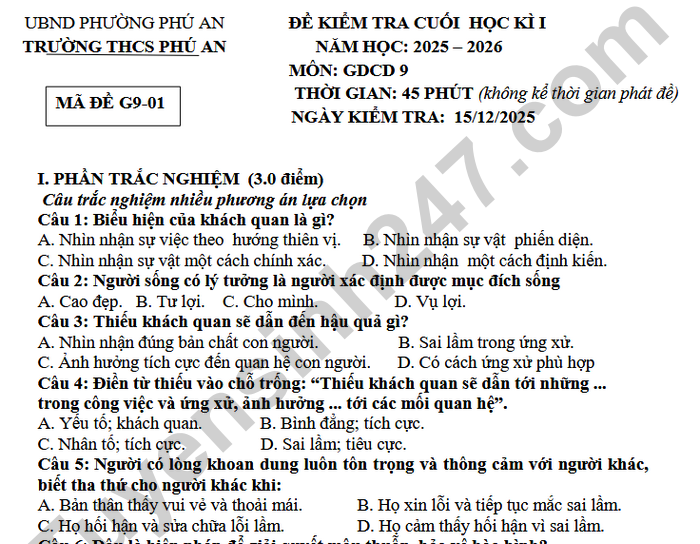 Đề thi học kì 1 lớp 9 môn GDCD 2025 - THCS Phú An (Có đáp án)