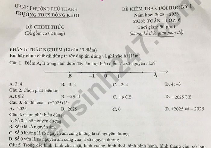 Đề thi học kì 1 năm 2025 THCS Đồng Khởi - Toán lớp 6