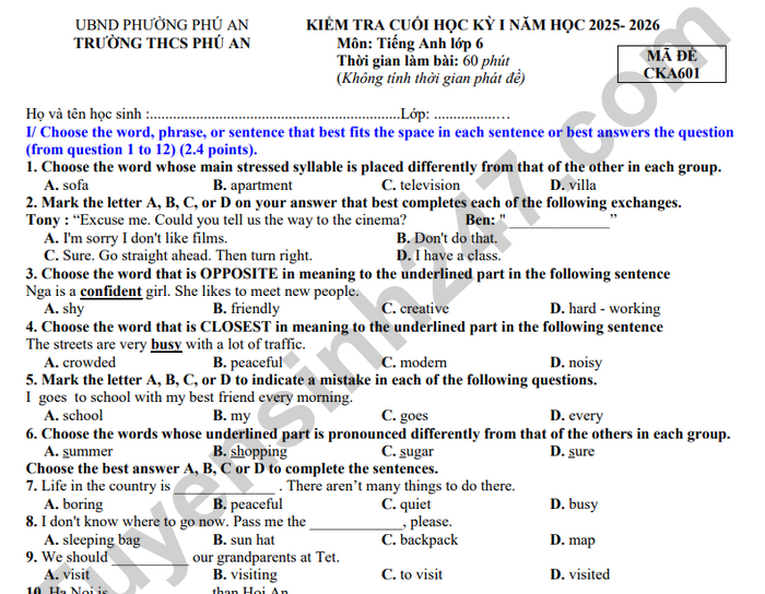 Đề thi học kì 1 lớp 6 môn Anh - THCS Phú An 2025