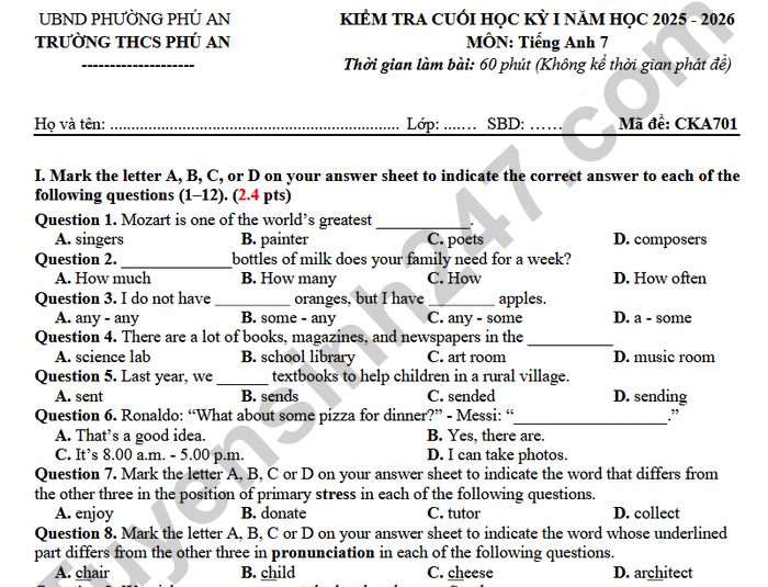 Đề thi học kì 1 năm 2025 môn Anh 7 THCS Phú An