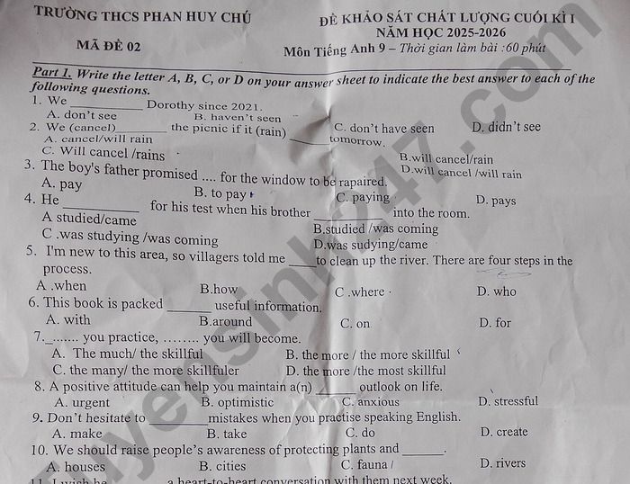 Đề thi học kì 1 lớp 9 môn Anh 2025 - THCS Phan Huy Chú