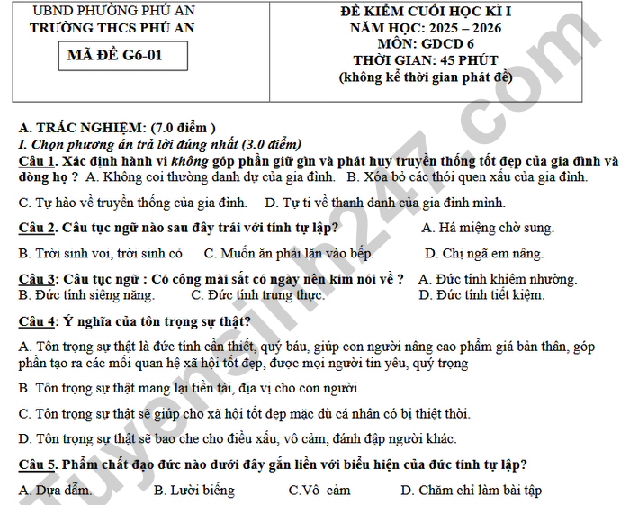 Đề thi học kì 1 lớp 6 môn GDCD 2025 - THCS Phú An (Có đáp án)