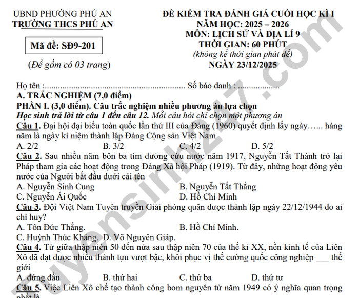 Đề thi học kì 1 lớp 9 môn Sử- Địa 2025 - THCS Phú An