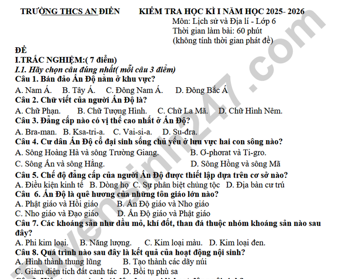 Đề thi học kì 1 môn Sử-Địa 6 THCS An Điền 2025