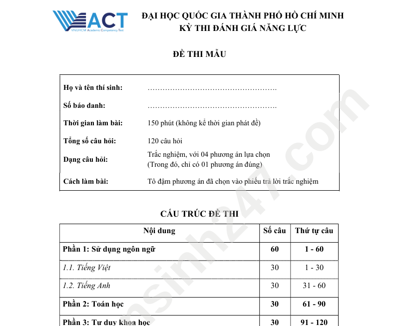 Đề minh họa Đánh giá năng lực ĐHQG HCM năm 2026 (Có đáp án)
