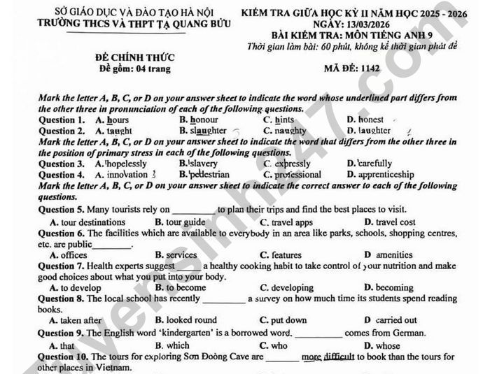 Đề thi giữa kì 2 lớp 9 môn Anh 2026 - THCS&THPT Tạ Quang Bửu