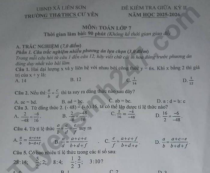 Đề thi giữa kì 2 lớp 7 môn Toán - TH&THCS Cư Yên 2026