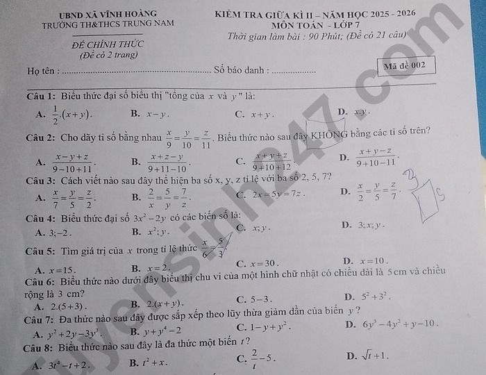 Đề thi giữa kì 2 lớp 7 môn Toán 2026 - TH&THCS Trung Nam