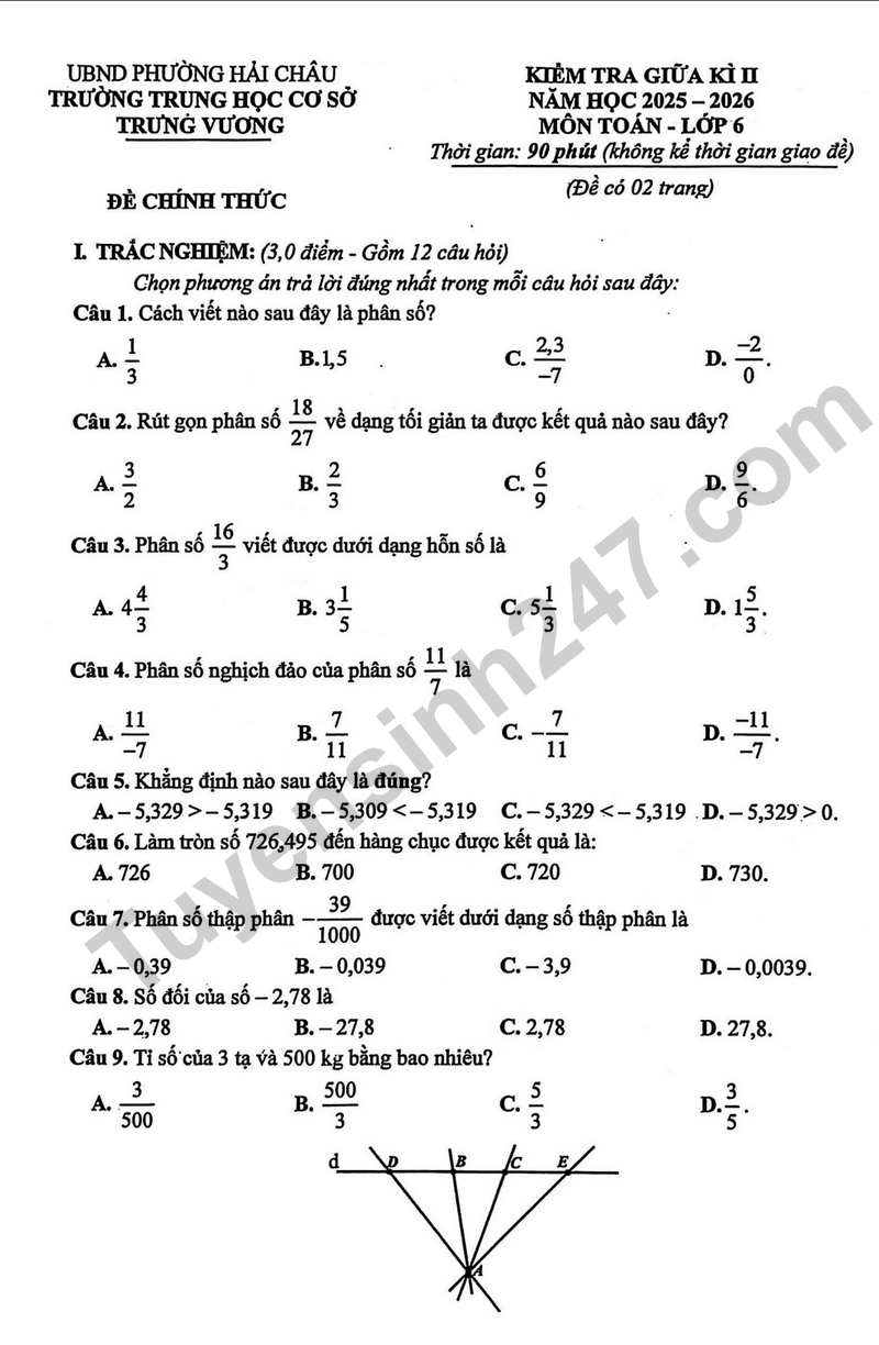 Đề thi giữa kì 2 môn Toán 6 năm 2025-2026 trường THCS Trưng Vương
