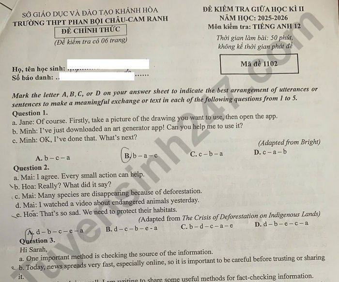 Đề thi giữa kì 2 môn Anh lớp 12 THPT Phan Bội Châu-Cam Ranh 2026