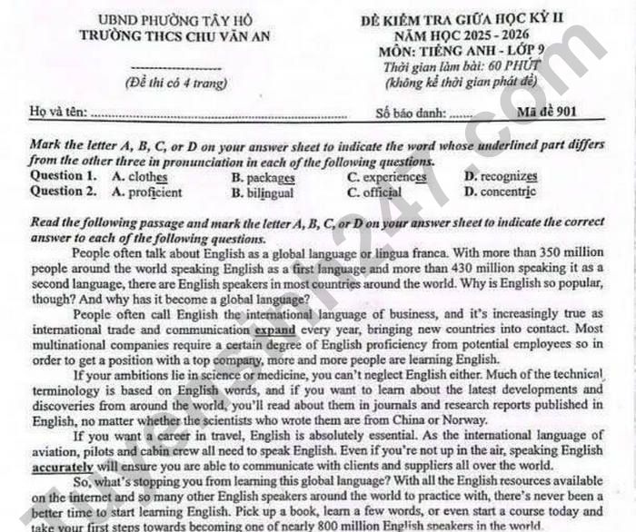 Đề thi giữa kì 2 môn Anh lớp 9 THCS Chu Văn An 2026