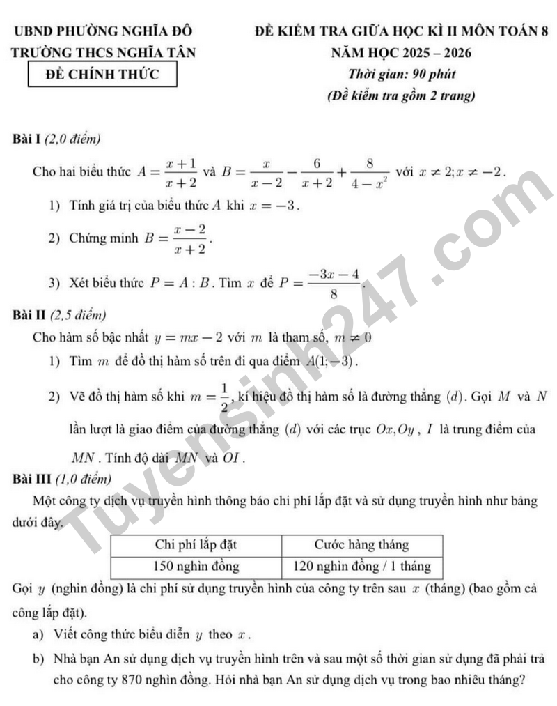 Đề kiểm tra giữa học kì 2 Toán 8 năm 2025 – 2026 trường THCS Nghĩa Tân (Có đáp án)