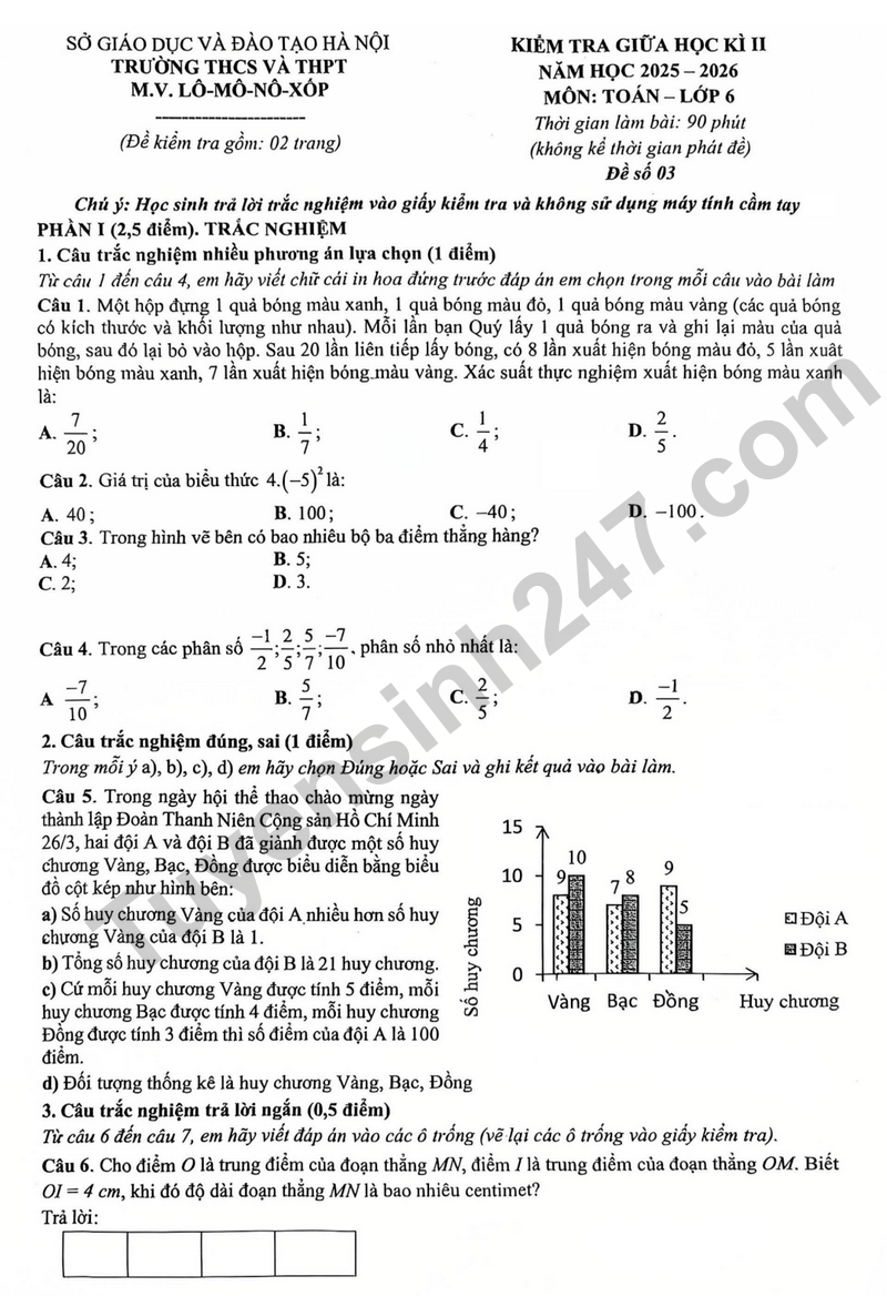 Đề thi giữa học kì 2 Toán 6 năm 2025-2026 trường M.V. Lômônôxốp