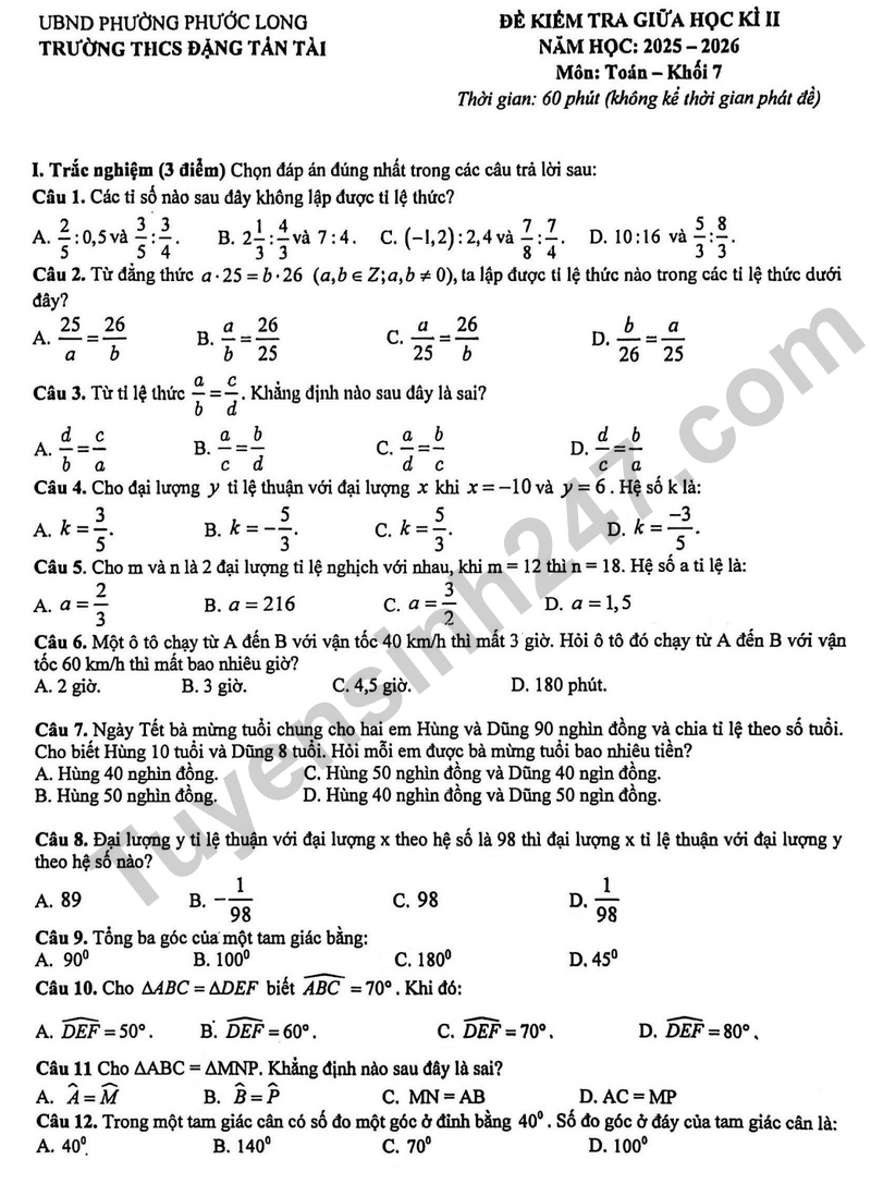 Đề kiểm tra giữa học kì 2 Toán 7 năm 2025 – 2026 trường THCS Đặng Tấn Tài