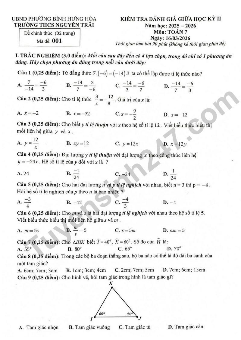 Đề kiểm tra giữa học kỳ 2 Toán 7 năm 2025 – 2026 trường THCS Nguyễn Trãi 