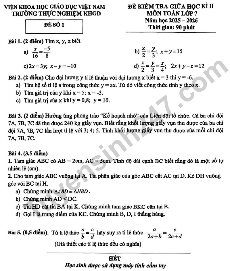Đề thi giữa học kì 2 Toán 7 năm 2025 – 2026 trường Thực Nghiệm KHGD – Hà Nội