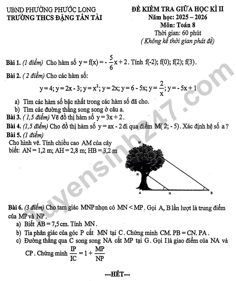 Đề kiểm tra giữa học kì 2 Toán 8 năm 2025 – 2026 trường THCS Đặng Tấn Tài – TP HCM