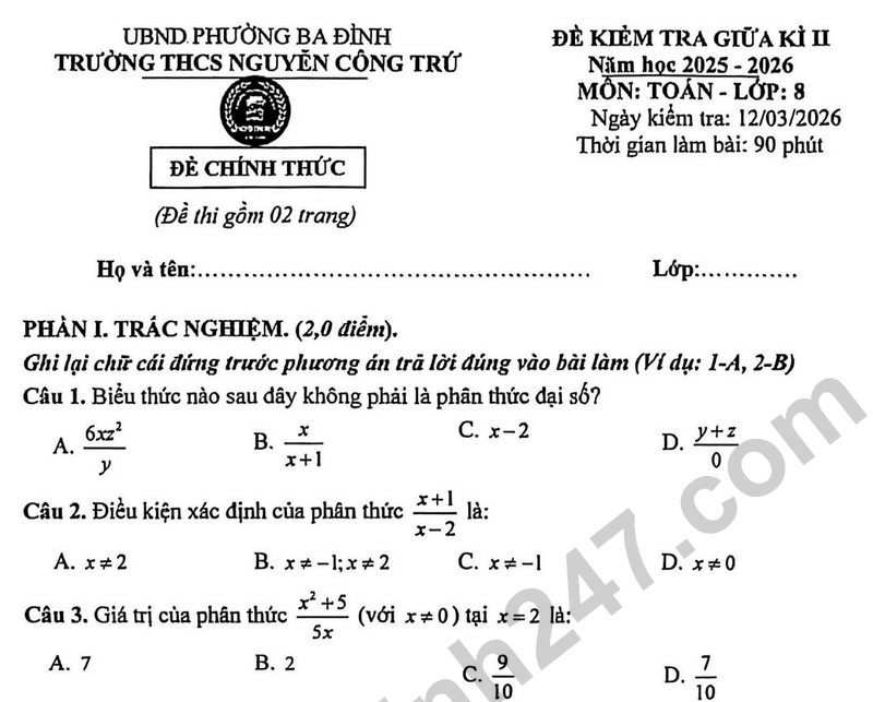 Đề kiểm tra giữa kì 2 Toán 8 năm 2025 – 2026 trường THCS Nguyễn Công Trứ