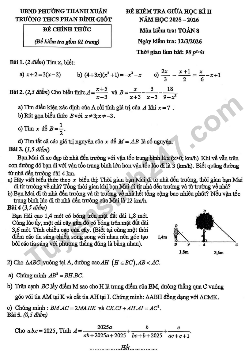 Đề kiểm tra giữa học kì 2 Toán 8 năm 2025 – 2026 trường THCS Phan Đình Giót – Hà Nội