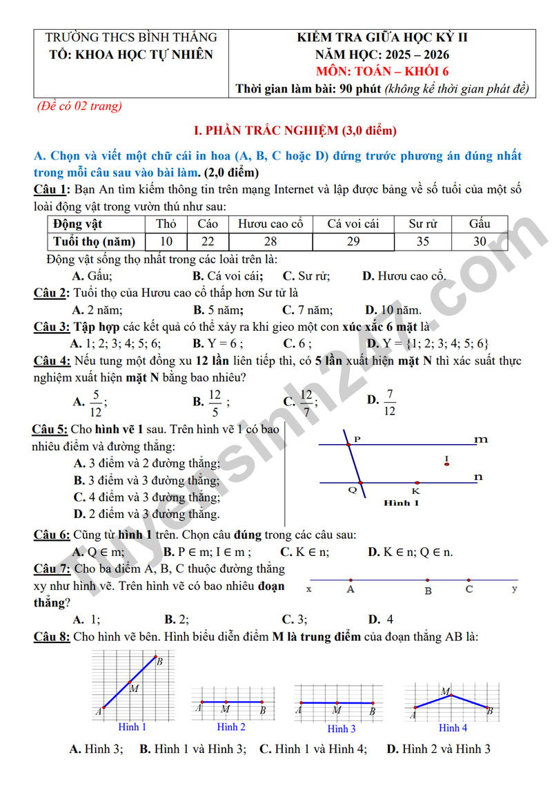Đề thi giữa học kỳ 2 Toán 6 năm 2025-2026 THCS Bình Thắng (Có đáp án)