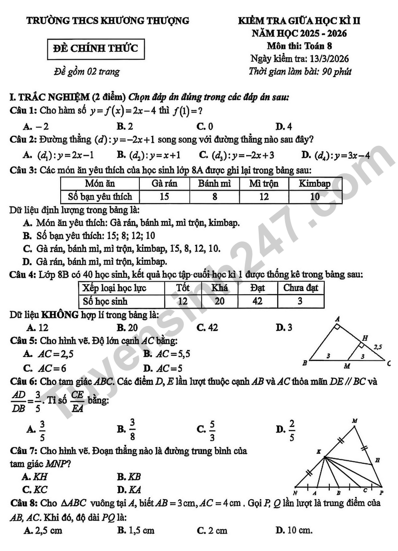 Đề kiểm tra giữa học kì 2 Toán 8 năm 2025 – 2026 trường THCS Khương Thượng – Hà Nội