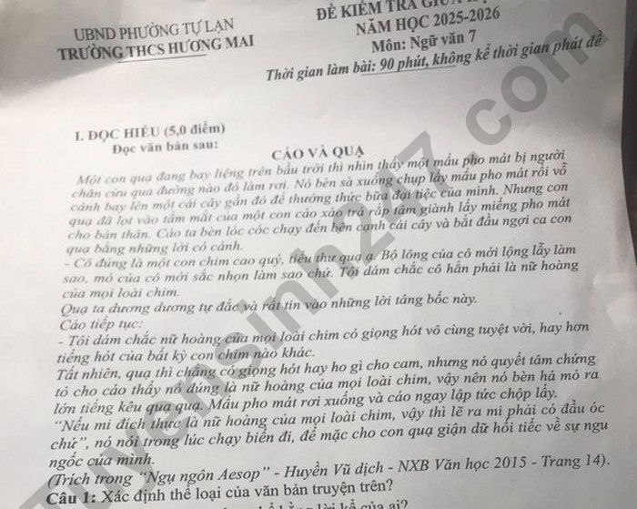 Đề thi giữa kì 2 năm 2026 lớp 7 môn Văn - THCS Hương Mai