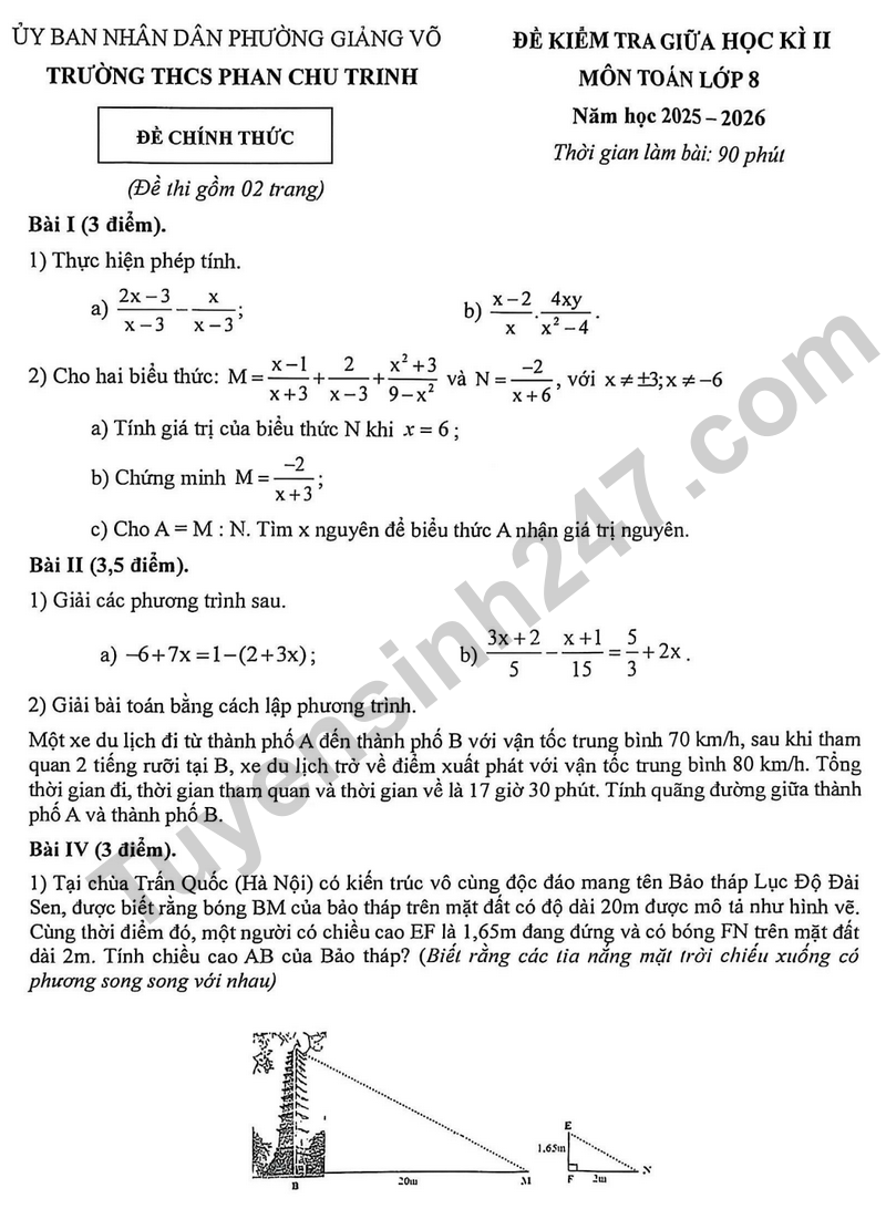 Đề kiểm tra giữa học kì 2 Toán 8 năm 2025 – 2026 trường THCS Phan Chu Trinh – Hà Nội