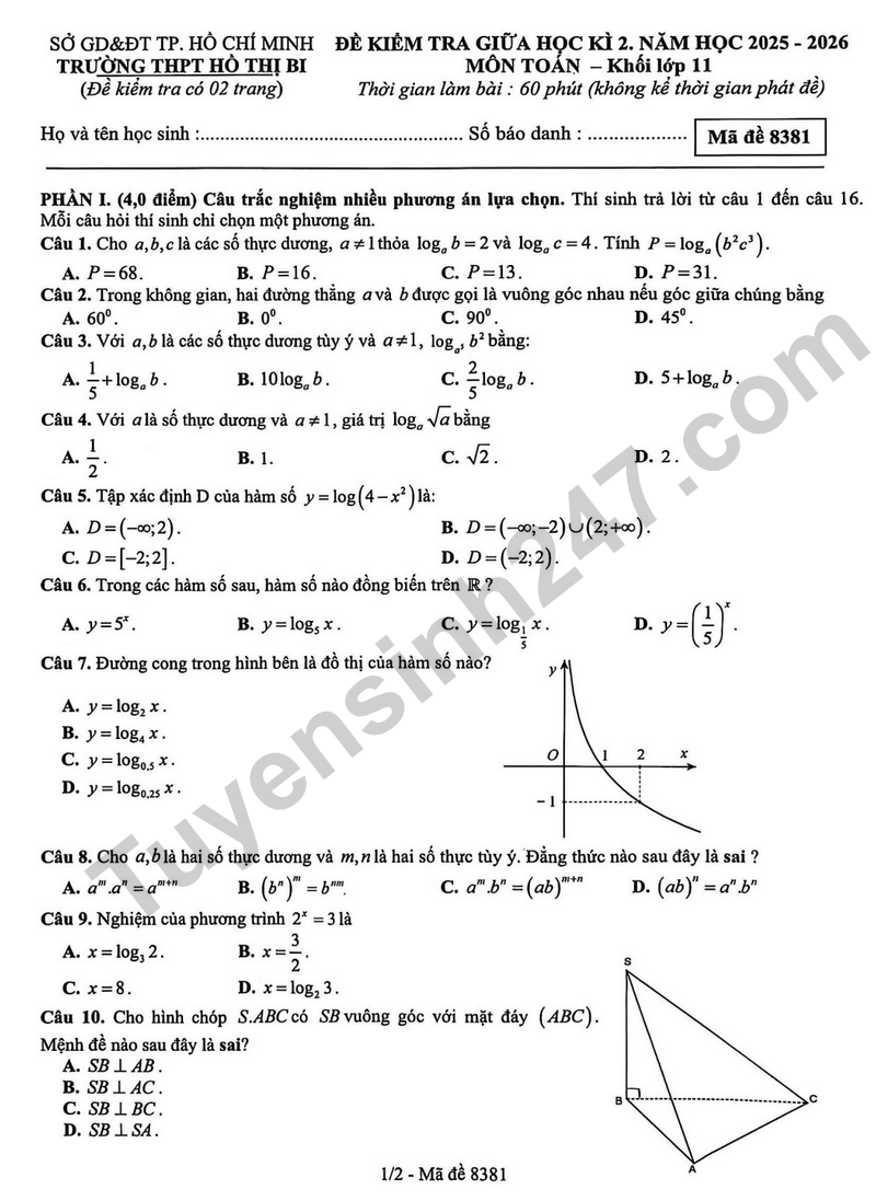 Đề thi giữa học kì 2 Toán 11 năm 2025 – 2026 trường THPT Hồ Thị Bi