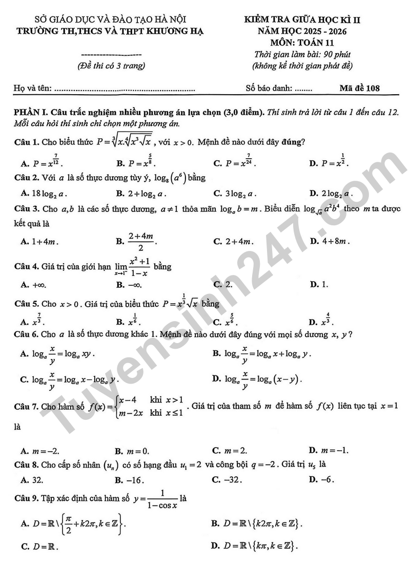 Đề giữa học kì 2 Toán 11 năm 2025 – 2026 trường Khương Hạ – Hà Nội