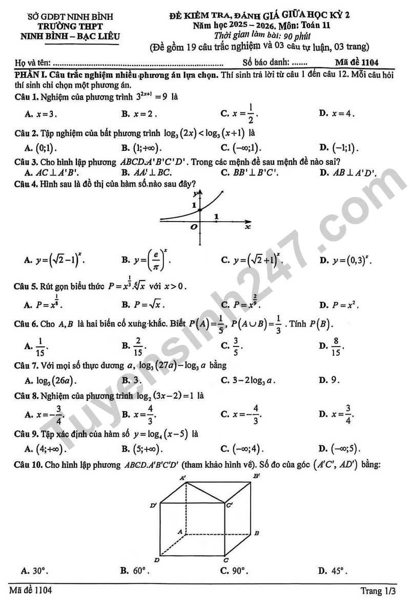 Đề thi giữa kì 2 Toán 11 năm 2025 – 2026 trường THPT Ninh Bình